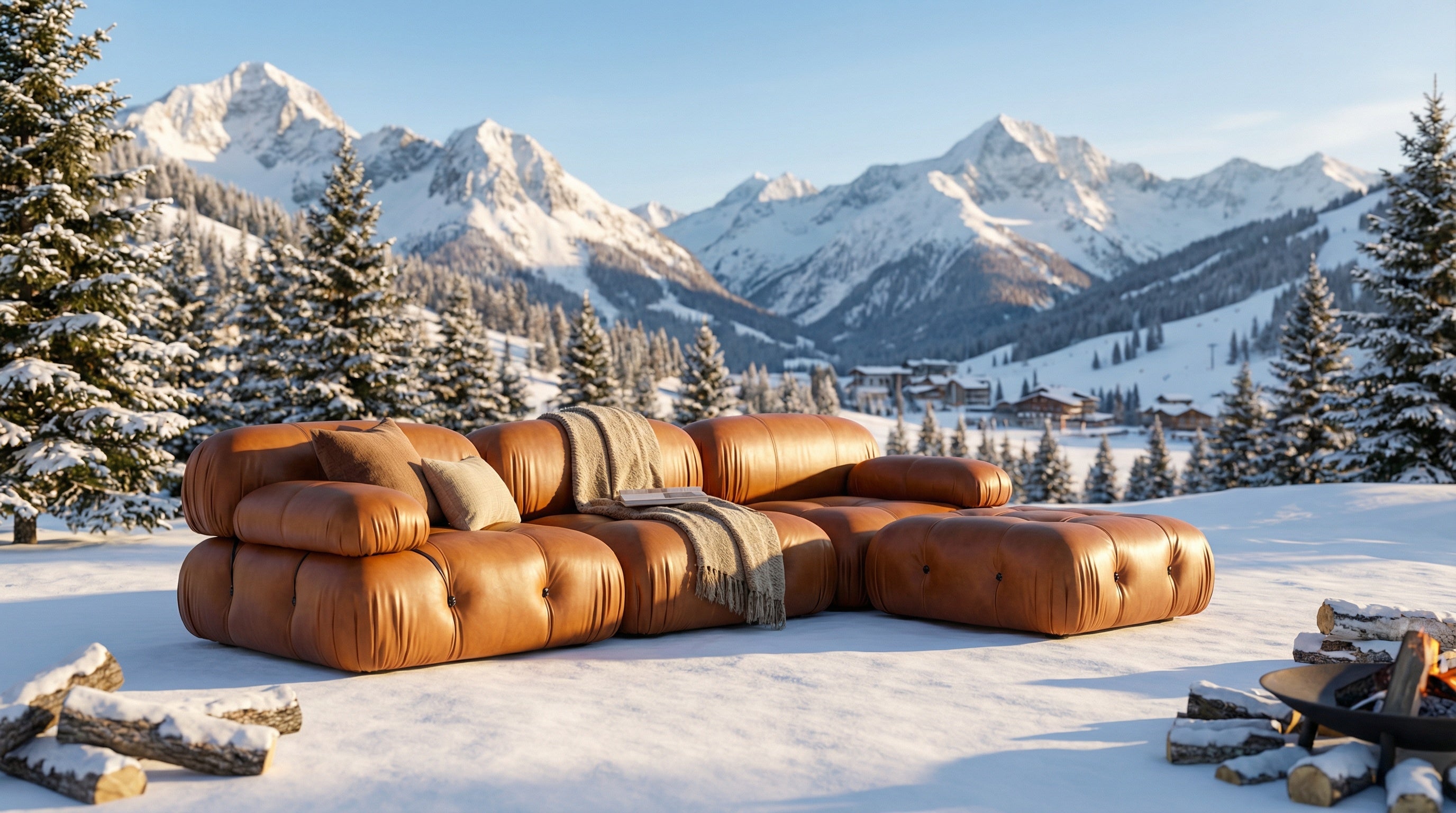 Brown sectional sofa in a snowy mountain setting with trees and mountains in the background.
