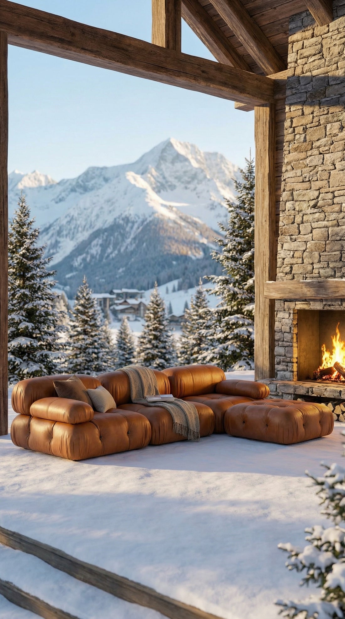 Brown leather sectional sofa in front of a stone fireplace with snow-covered mountains and trees in the background.